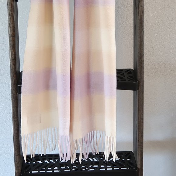 Lochcarron Cashmere Plaid Scarf From Scotland Purple , Tan & Off White/Cream - Picture 12 of 14